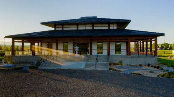 Wide-roofed structure in serene landscape