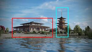 Scenic lakeside view with Japanese architecture